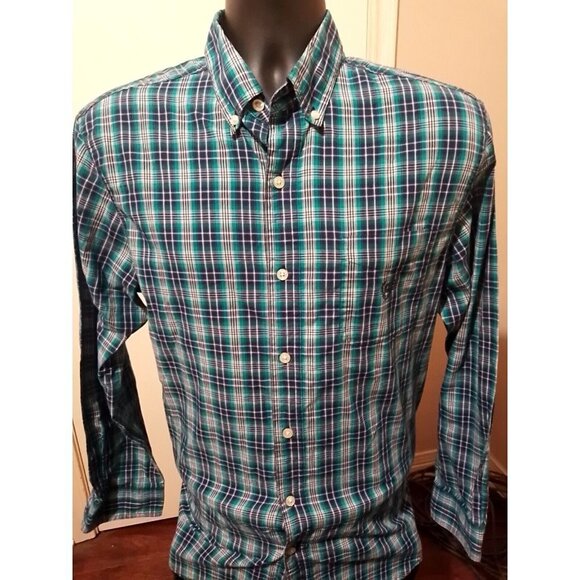 Chaps Shirt Mens Medium M Blue Plaid Long Sleeve Button Up Easy Care - Picture 1 of 11